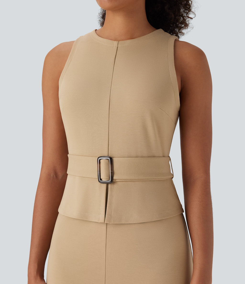 Sleeveless Keyhole-Back Belted Midi Work Dress