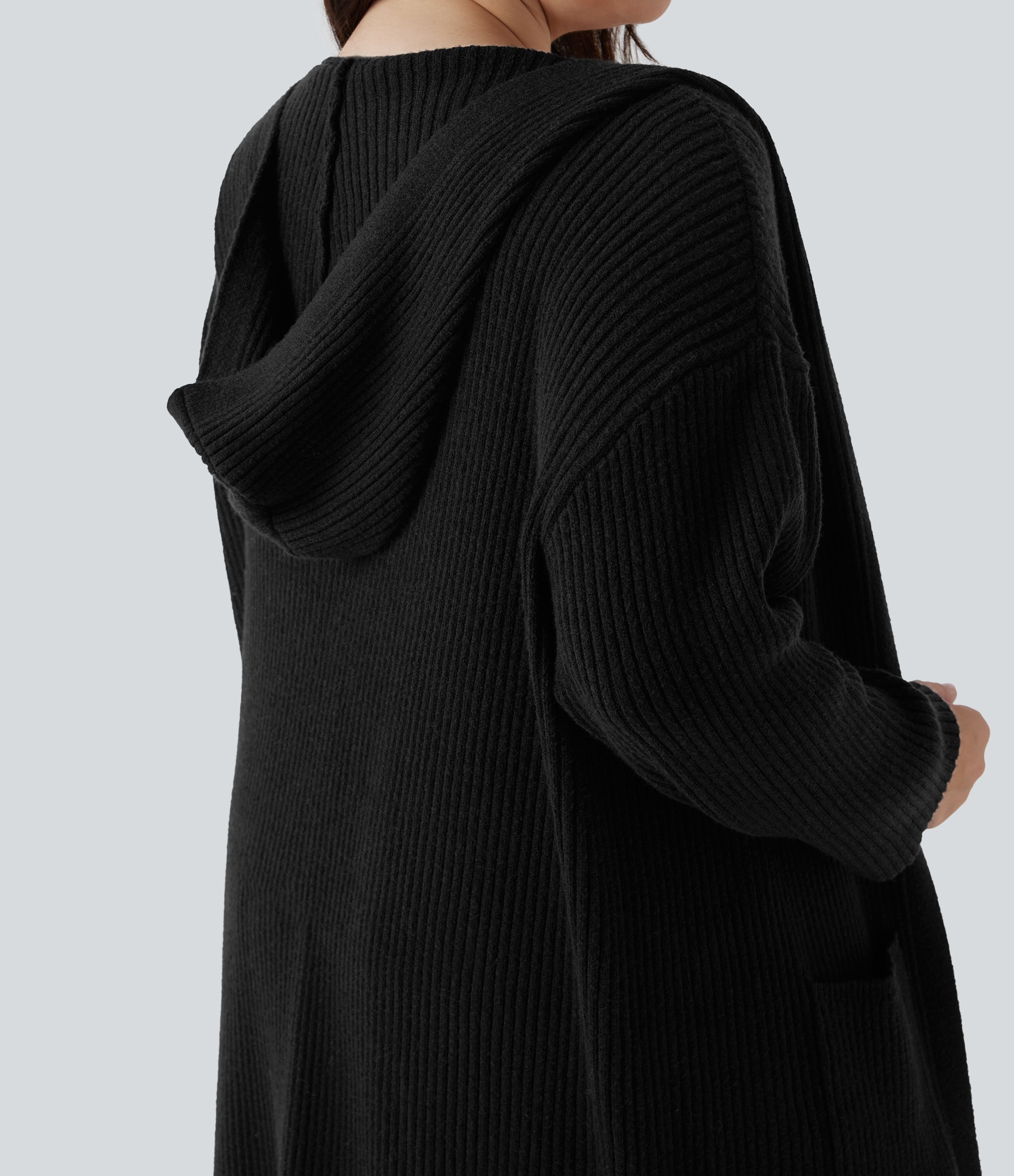 Hooded Long Sleeve Pocket Longline Casual Plus Size Cardigan