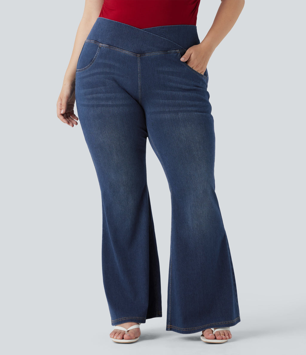 Plus Size FlexTM High Waisted Crossover Washed Casual Flare Jeans with Pockets