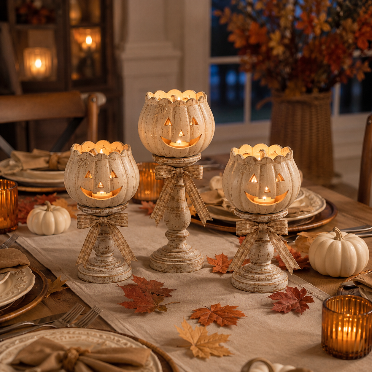 Harvest Glow White Pumpkin Tealight Holders – Set of 3