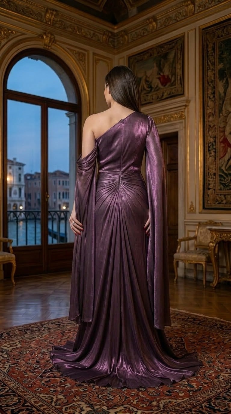 Metallic One-Shoulder Cape Maxi Dress
