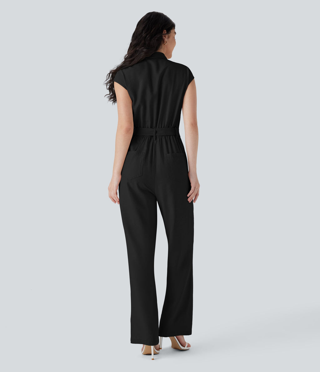 Half Zipper Cap Sleeve Straight Leg Belted Work Linen-Feel Jumpsuit with Pockets