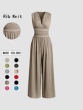 Women's Plain Ruched Deep V Neck Wide Leg Jumpsuit, Sleeveless Ribbed Jumpsuit for Daily Wear, Ladies Clothes for All Seasons, Casual Basic Jumpsuit, Casual Jumpsuits