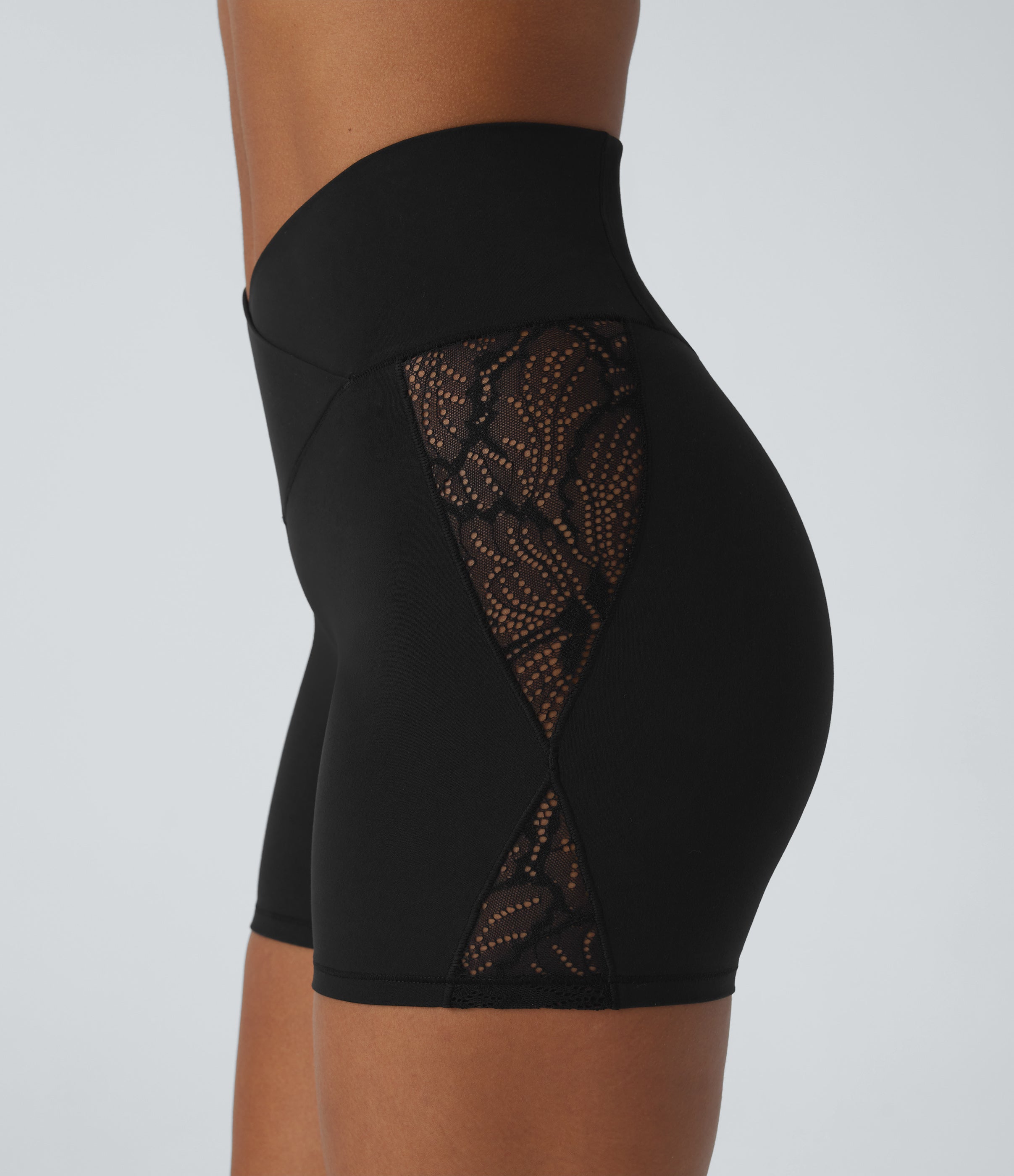 SoftlyZeroTM High Waisted Crossover Contrast Lace Built-in Underwear Yoga Biker Shorts 5'' with Pocket-UPF50+
