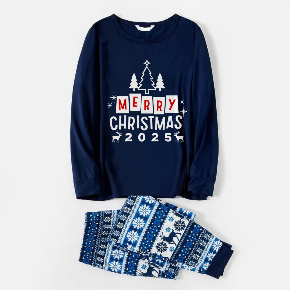 Joyful Blue Christmas Pajamas Set With Christmas Tree and Holiday Slogan