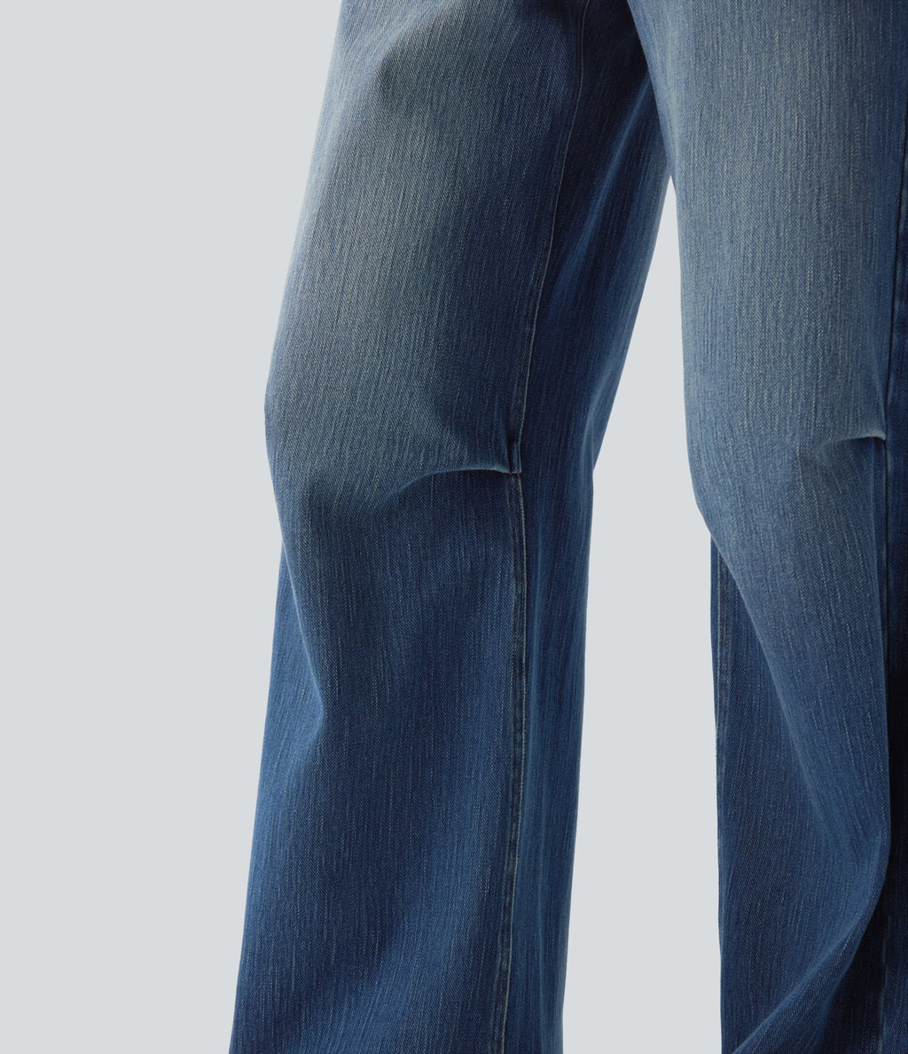 FlexTM Low Rise Wide Leg Washed Casual Jeans with Pockets