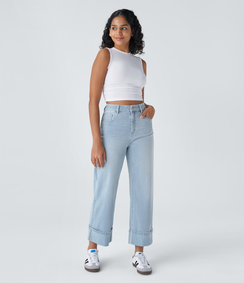 FlexTM High Waisted Multiple Pockets Rolled Hem Wide Leg Washed Stretchy Knit Casual Jeans