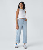 FlexTM High Waisted Multiple Pockets Rolled Hem Wide Leg Washed Stretchy Knit Casual Jeans