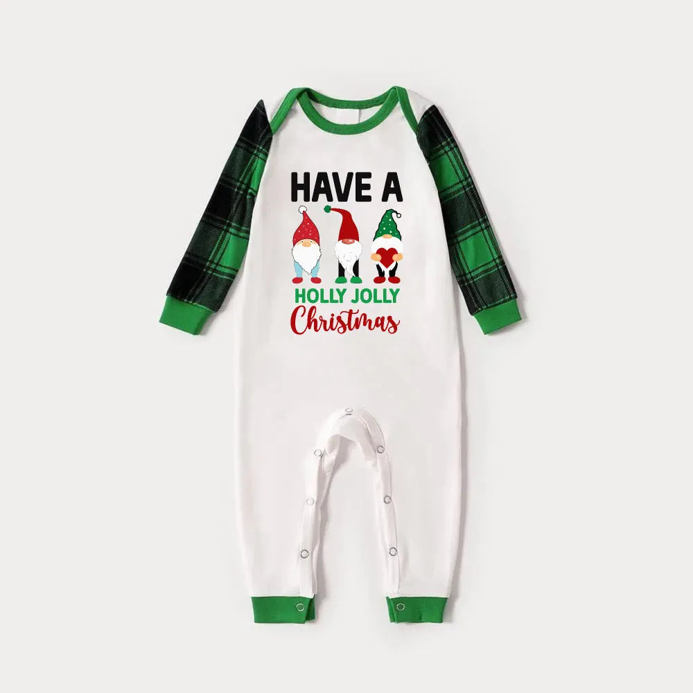 Green Raglan Top Green Plaid Christmas Pajamas Set With Gnomes and "HAVE A HOLLY JOLLY Christmas" Print