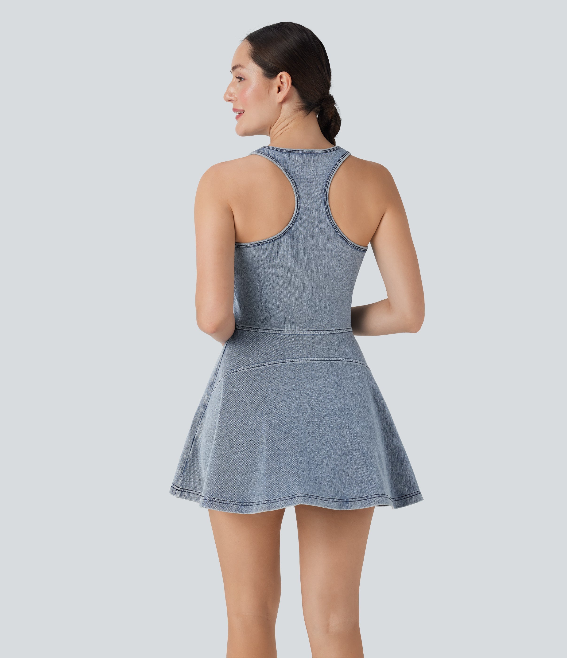 FlexTM Racerback Sleeveless Half Zipper Mini Washed Denim Casual Dress