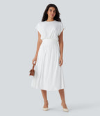 SoCinched Tummy Control Batwing Sleeve Flowy Midi Work Dress with Pockets