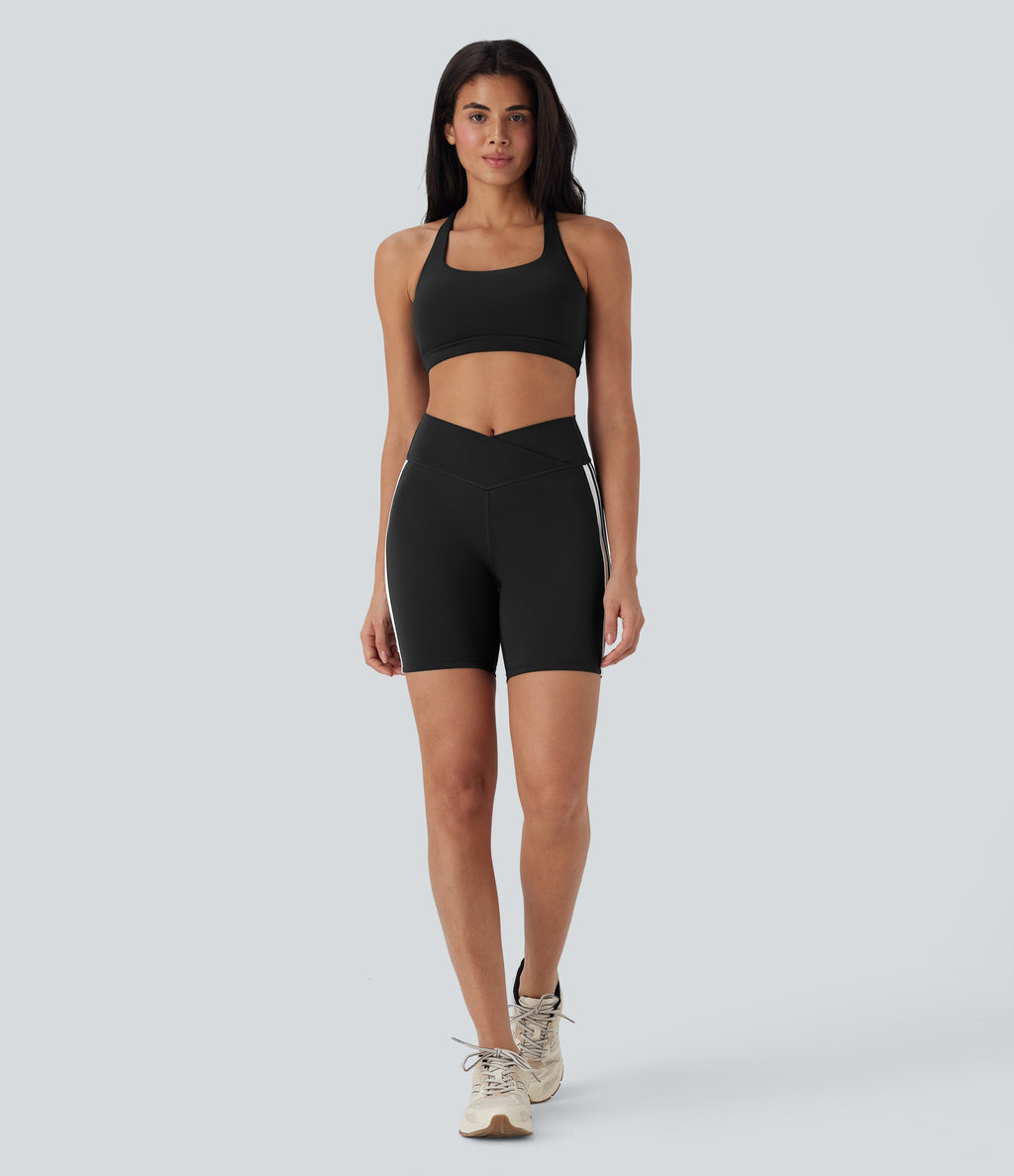 Crossover Mid Rise Color Block Stripe Yoga Biker Shorts 7''