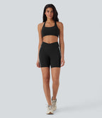 Crossover Mid Rise Color Block Stripe Yoga Biker Shorts 7''