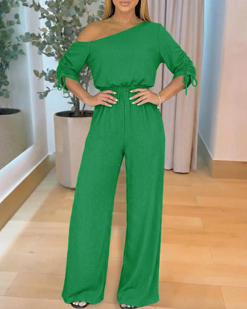 Stretchy Skew Neck Drawstring Sleeve Elastic Waist Overalls Casual High Waist Wide Leg Jumpsuit