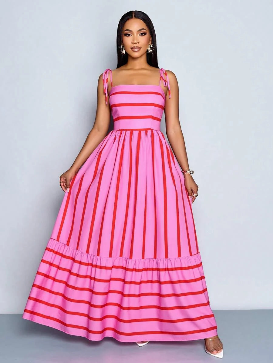 Women's Blue And White Stripe Flowing Maxi Dress,Summer Elegant Holiday Tea Party Holiday,Shoulder Straps Chest Gathering,Beach Casual Gown