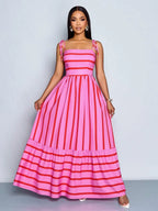 Women's Blue And White Stripe Flowing Maxi Dress,Summer Elegant Holiday Tea Party Holiday,Shoulder Straps Chest Gathering,Beach Casual Gown