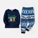 Joyful Blue Christmas Pajamas Set  With 2025 Family Christmas Phrases