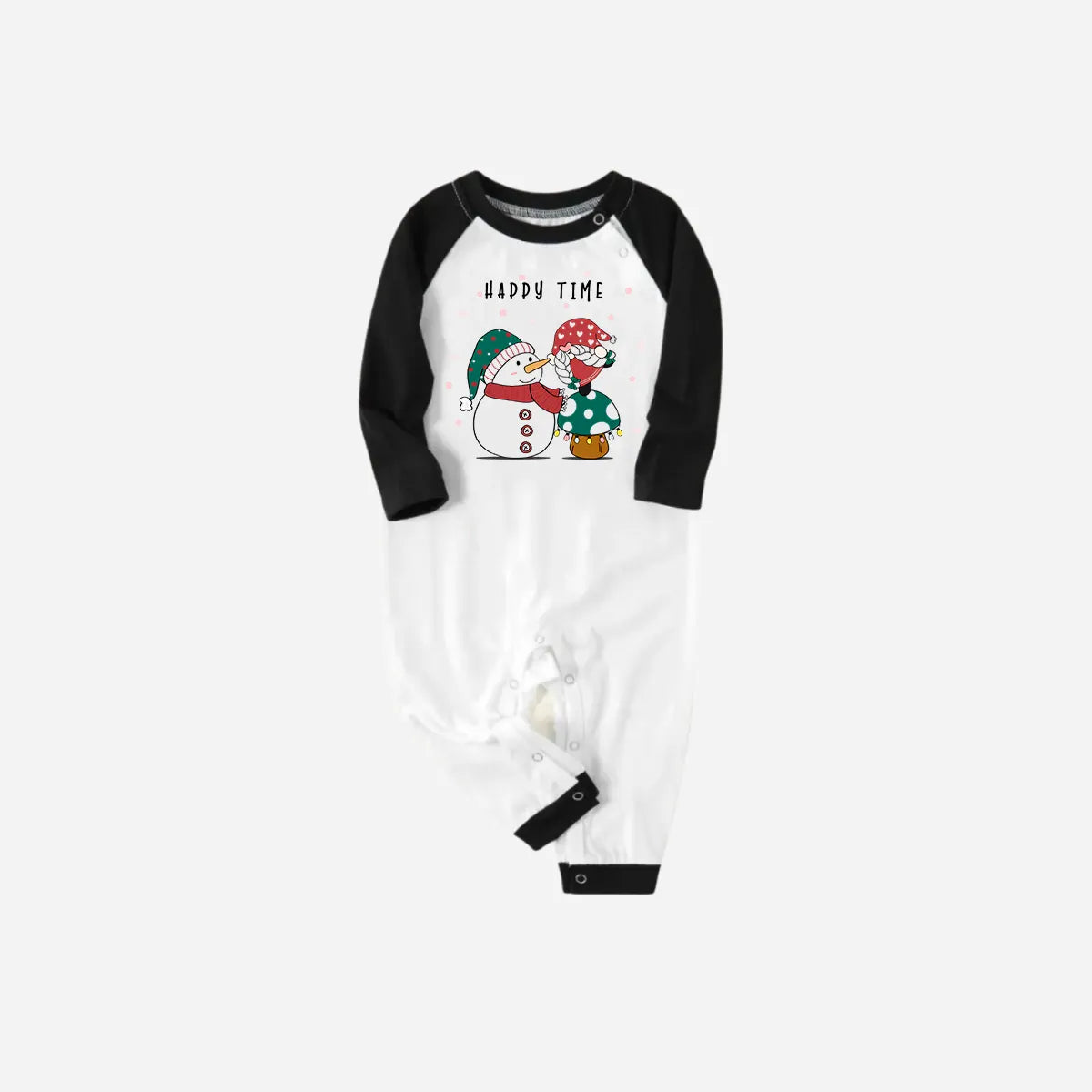 Black Raglan Top Green Plaid Christmas Pajamas Set With Snowman and Gnome and "Happy Time" Text Print