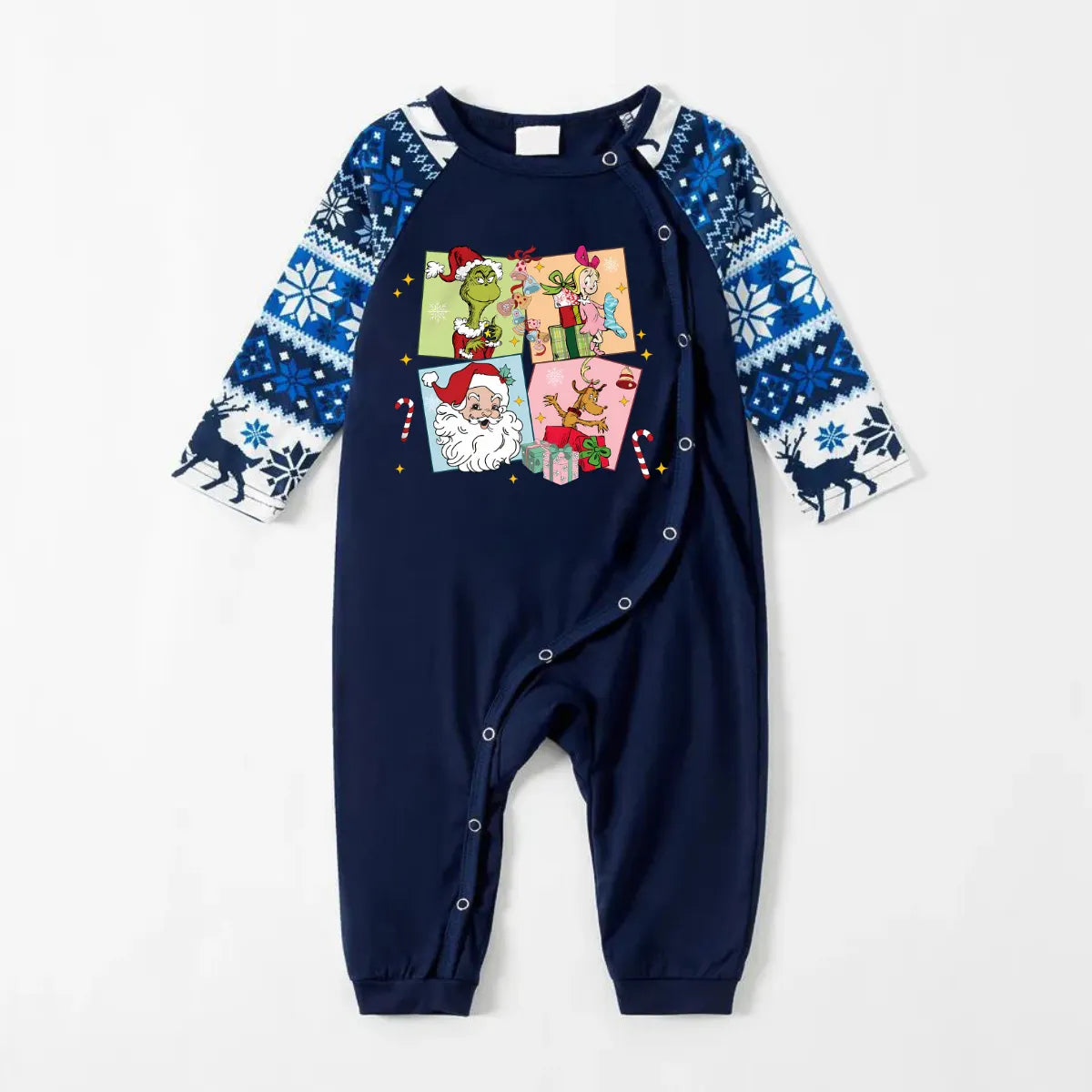 Joyful Blue Christmas Pajamas Set With Christmas Cartoon Pattern Print
