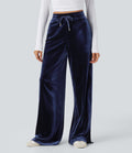 High Waisted Drawstring Wide Leg Velvet Casual Pants with Pockets