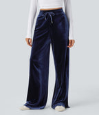 High Waisted Drawstring Wide Leg Velvet Casual Pants with Pockets