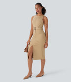 Sleeveless Keyhole-Back Belted Midi Work Dress