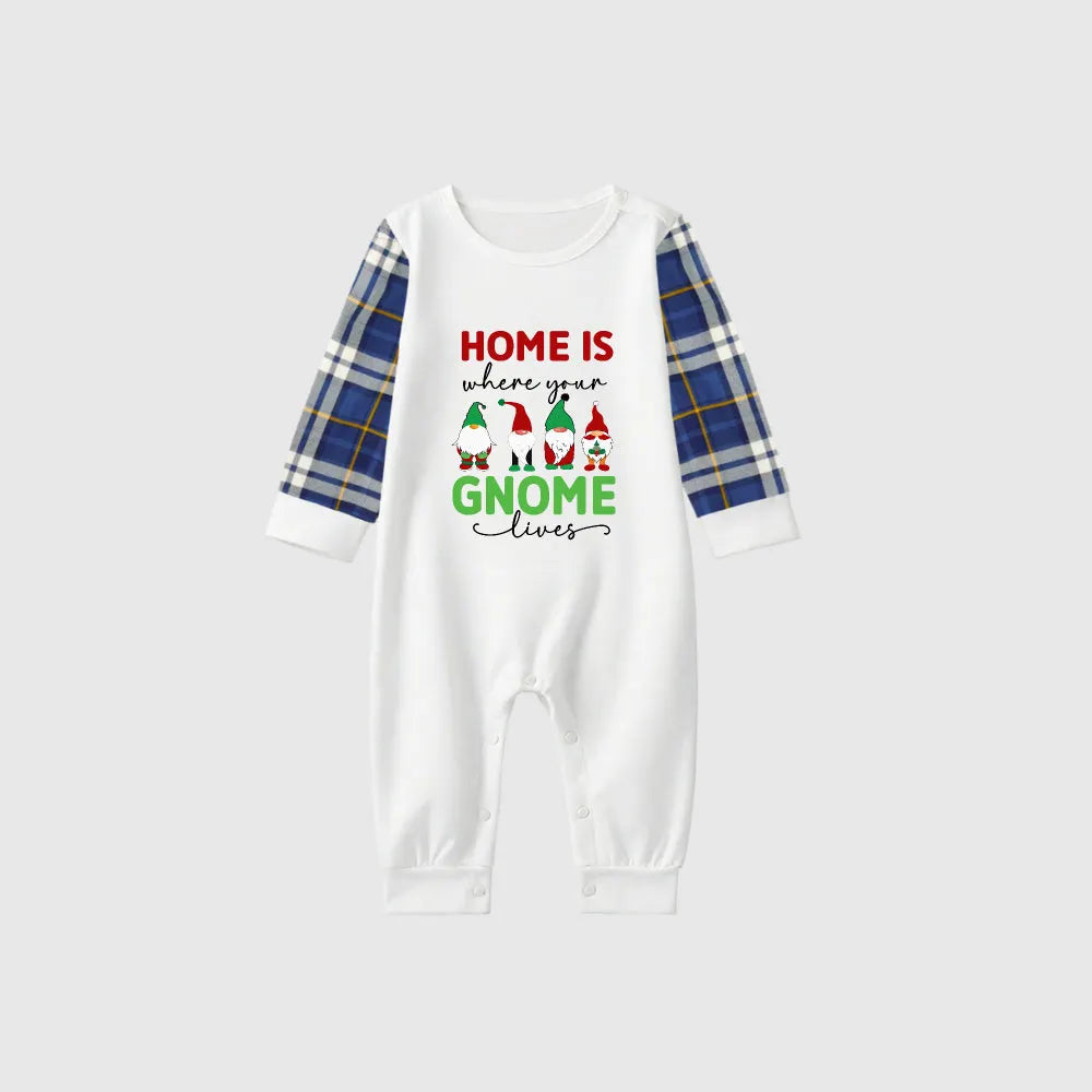 Christmas Family Matching Pajamas-Blue Raglan Top Blue Plaid Pants Pjs Set with "Home Is Where Your Gnome Lives" Print