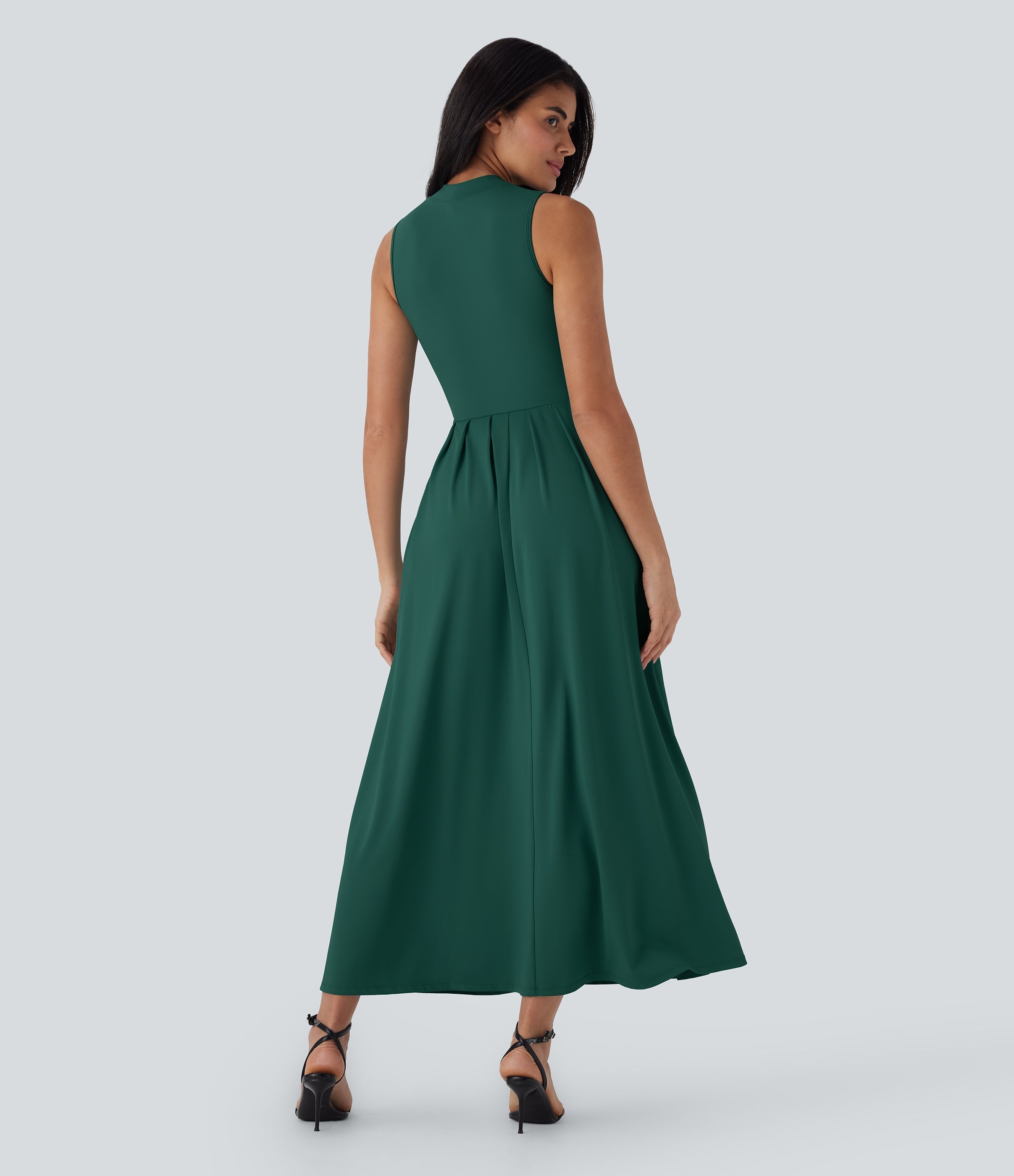 Stand Collar Sleeveless Flare Maxi Casual Dress with Pockets