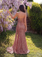 Elegant Sequin Spaghetti Strap Rhinestone Patchwork Fishbone High Waist High Slit Tie Back Open Back Evening Dress Fall