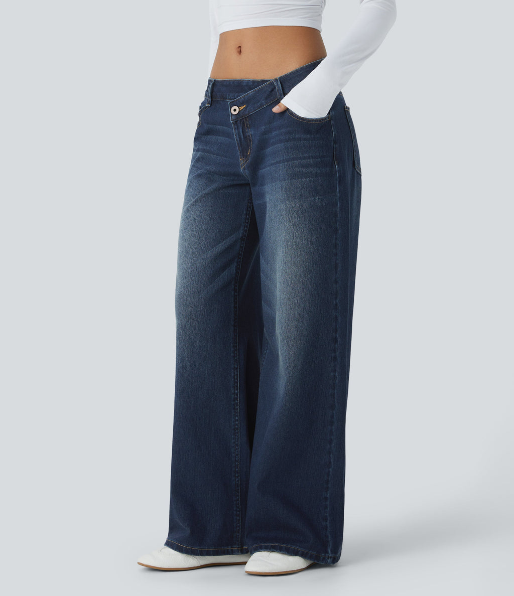 FlexTM Asymmetric Low Rise Zipper Pockets Baggy Wide Leg Washed Casual Jeans