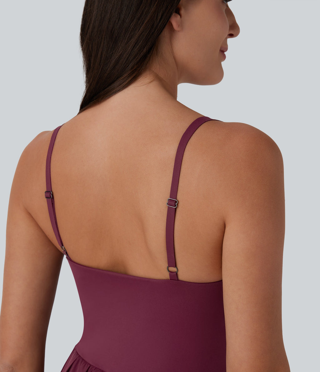 BreezefulTM Pleated Adjustable Buckle 2-in-1 Micro Mini Quick Dry Casual Slip Dress with Pocket-Easy Peezy