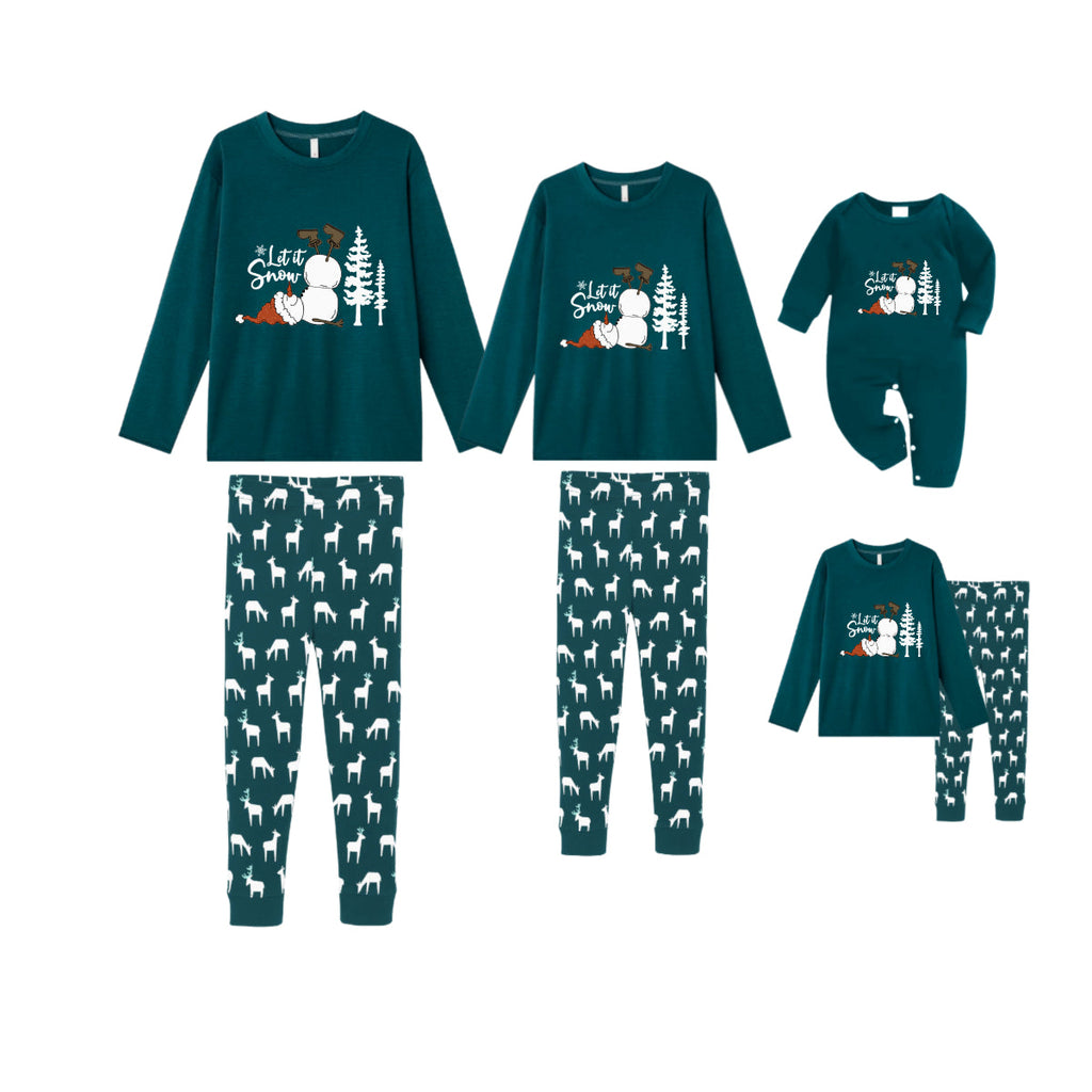 Christmas Family Matching Pajamas-Dark Green&Deer Patterned Pjs Set with Snowman and "Let It Snow" Print