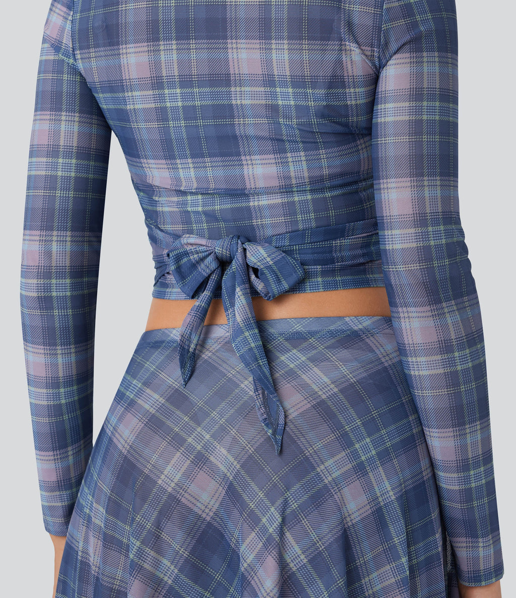 Sheer Mesh V-Neck Wrapped Tie-Back Top