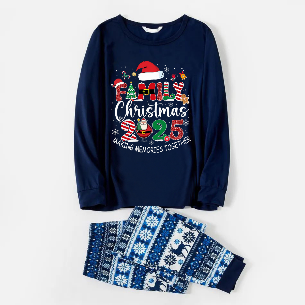 Joyful Blue Christmas Pajamas Set With "Family Christmas 2025 Making Memories Together" Text Print