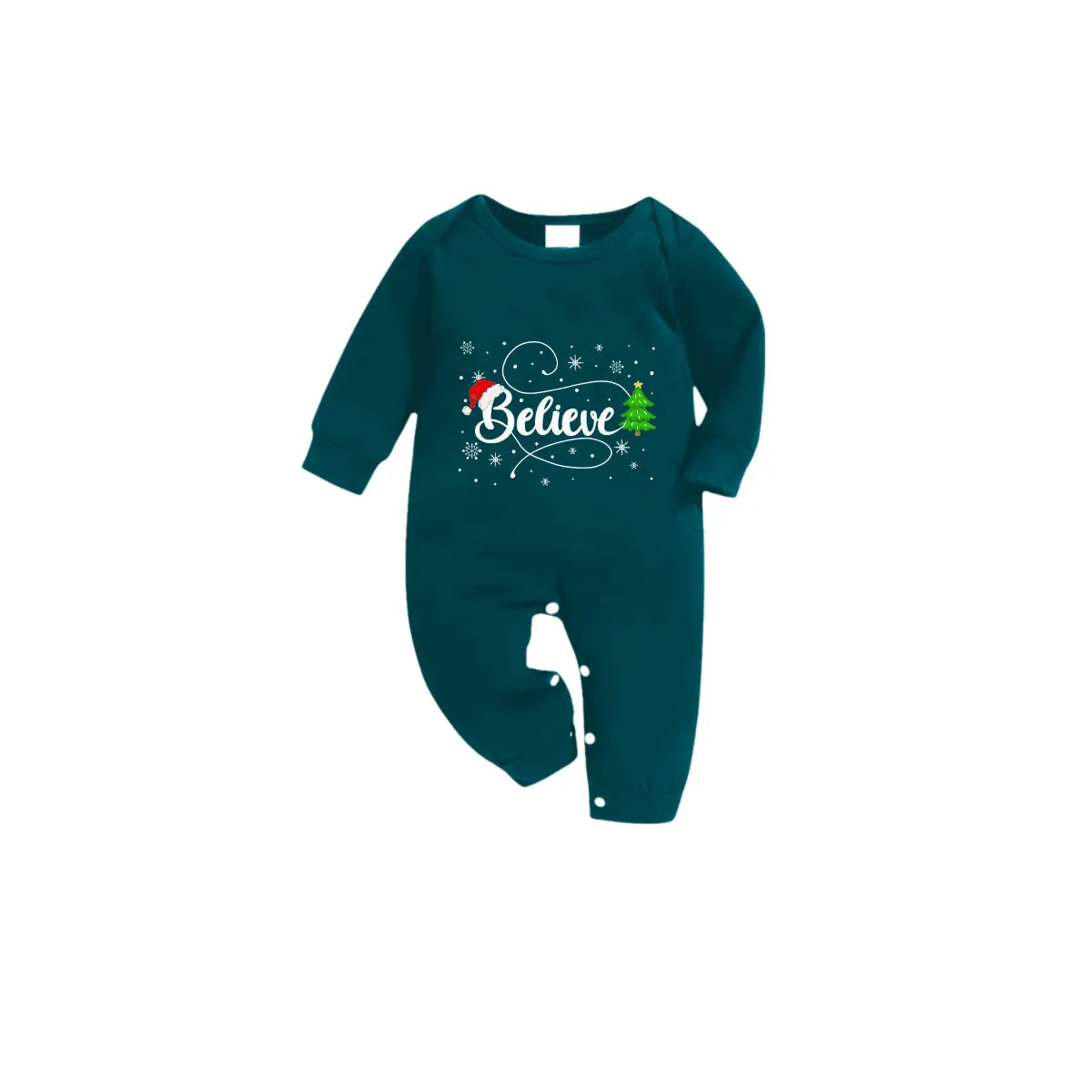 Christmas Family Matching Pajamas-Dark Green&Deer Patterned Pjs Set with Santa Hat and “Believe” Letter Print