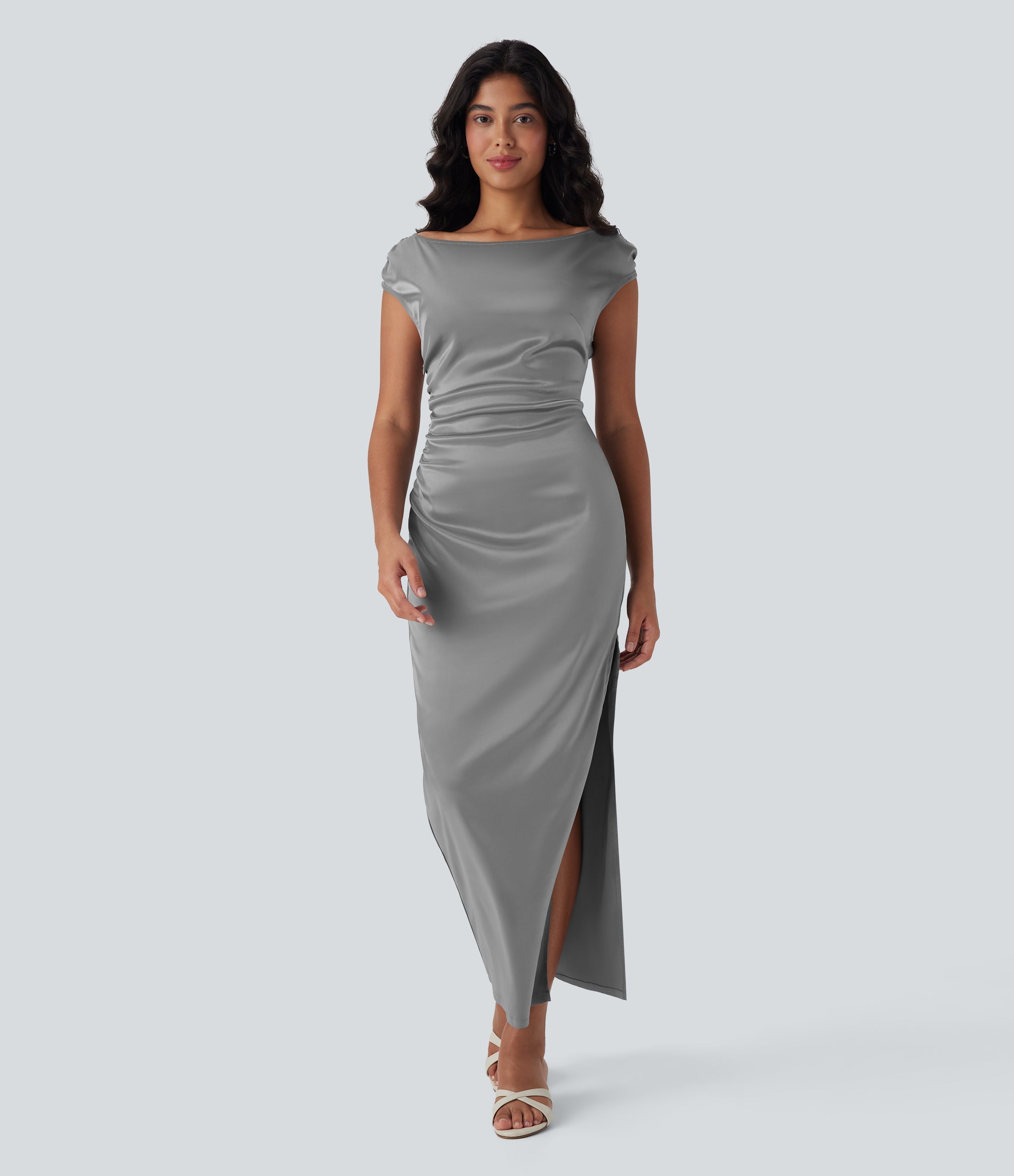 Boat Neck Cap Sleeve Ruched Satin Dress