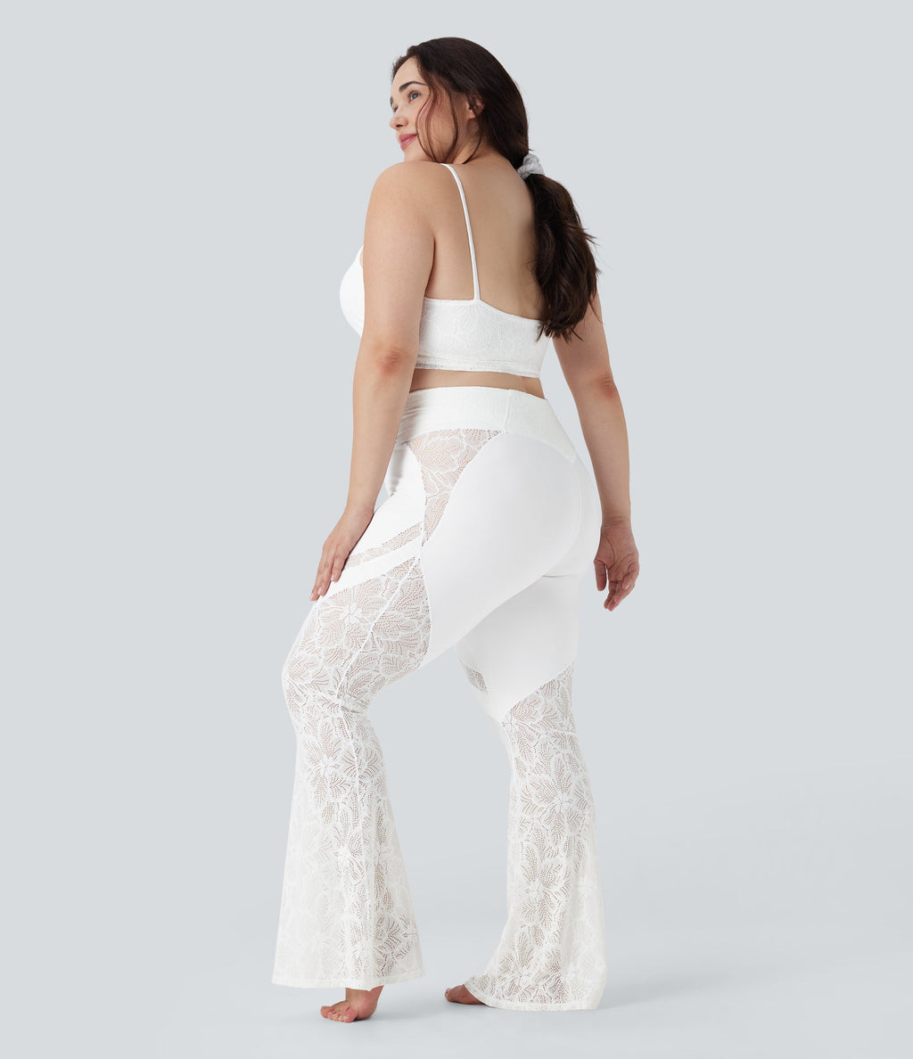 SoftlyZeroTM Crossover High Waisted Contrast Lace Yoga Plus Size Flare Leggings with Pocket