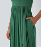 Ribbed Tie Back Ruched Maxi Slip Dress with Pockets