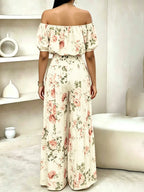 Women's Summer Paisley Print Vintage Vacation Two-Piece Set, Off-Shoulder Bubble Sleeve Crop Top + High Waist Drawstring Wide Leg Pants