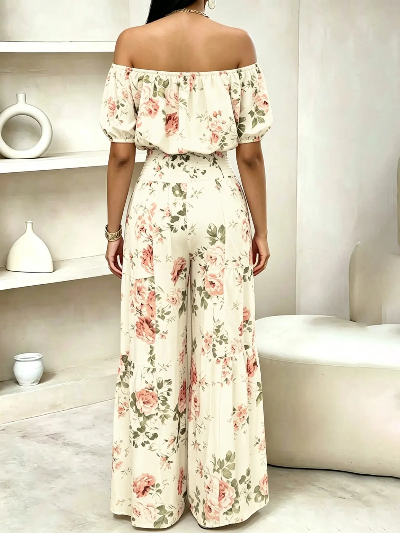 Women's Summer Paisley Print Vintage Vacation Two-Piece Set, Off-Shoulder Bubble Sleeve Crop Top + High Waist Drawstring Wide Leg Pants