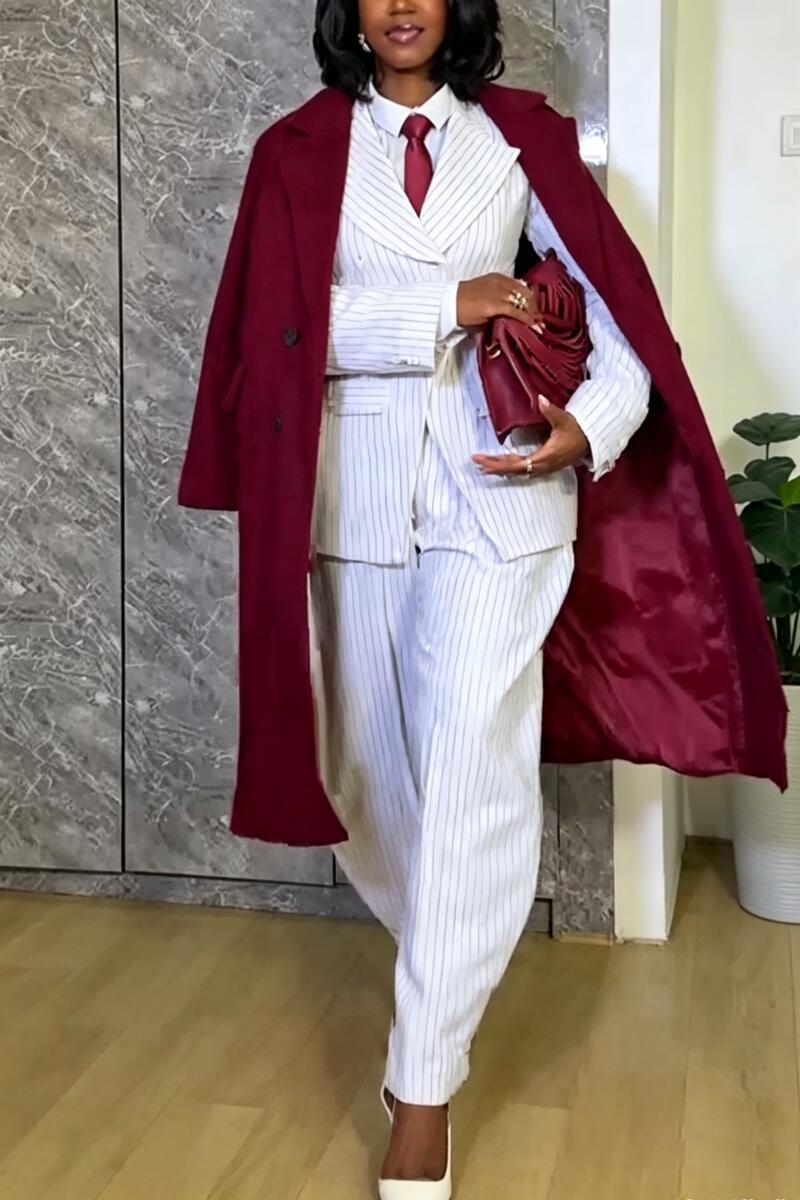 Women Collar Vertical Stripe Jacket+ Wide Leg Pants Temperament Commuting Formal Suit