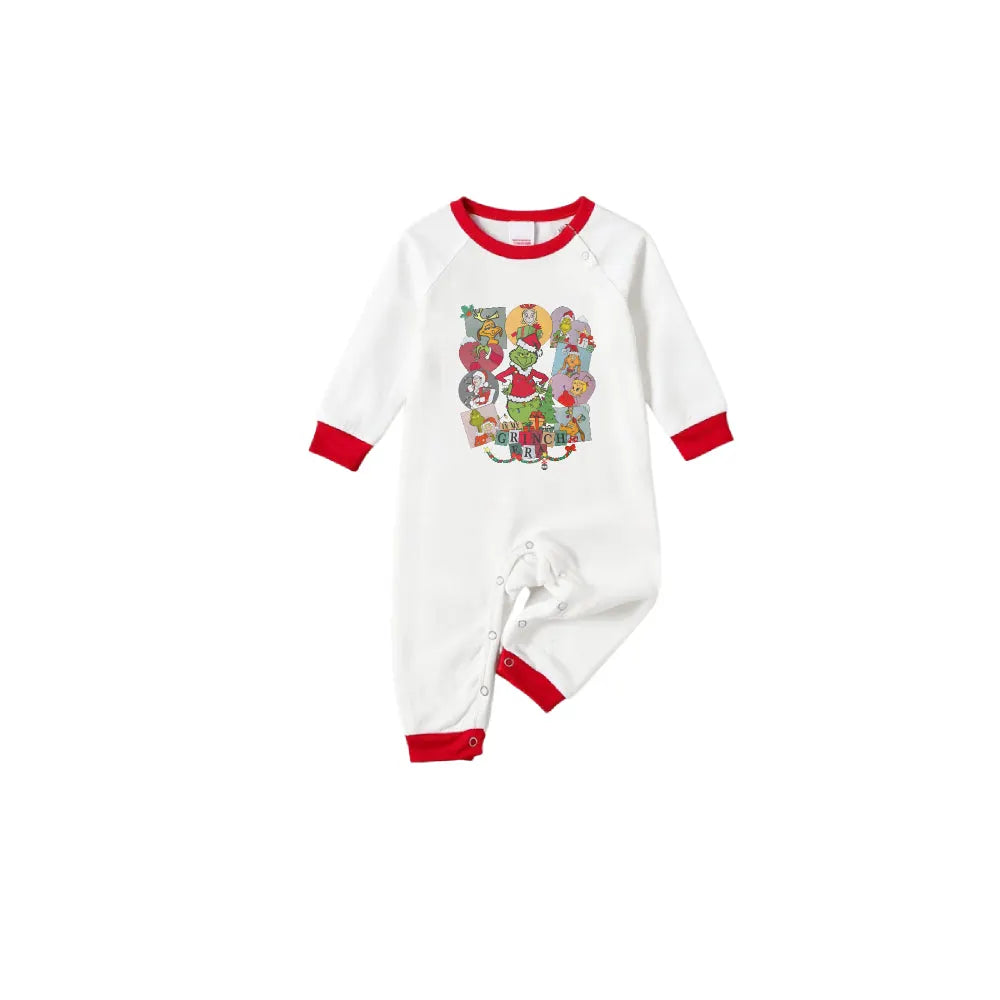 Family Christmas White Pajamas Set With Artistic Christmas Character Print