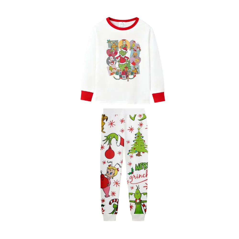 Family Christmas White Pajamas Set With Artistic Christmas Character Print