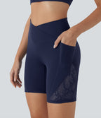 SoftlyzeroTM High Waisted Crossover Contrast Lace Yoga Biker Shorts 7'' with Pockets-UPF50+