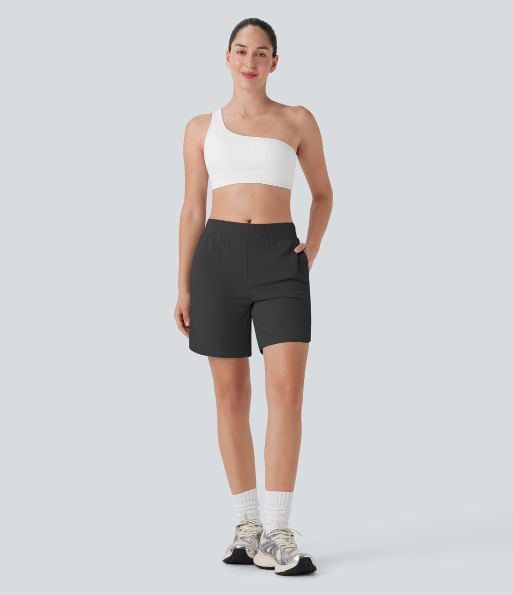 Mid Rise Side Pockets Curved Hem Yoga Bermuda Shorts