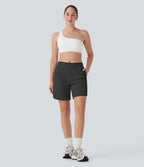 Mid Rise Side Pockets Curved Hem Yoga Bermuda Shorts