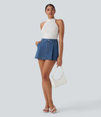 FlexTM High Waisted 2-in-1 Washed Stretchy Knit Denim Casual A-line Skort with Pockets