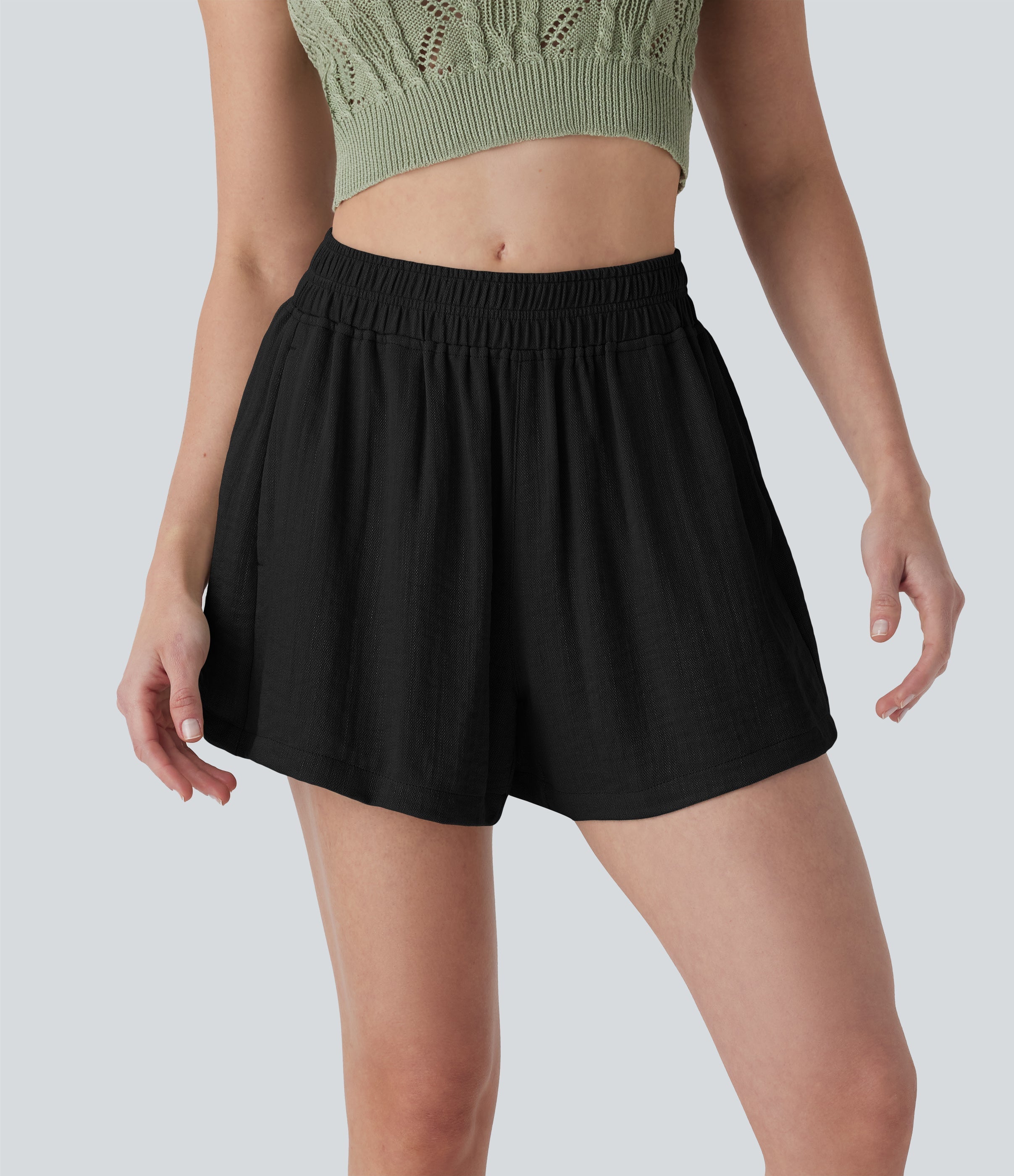 Mid Rise Linen-Feel Shorts with Pockets