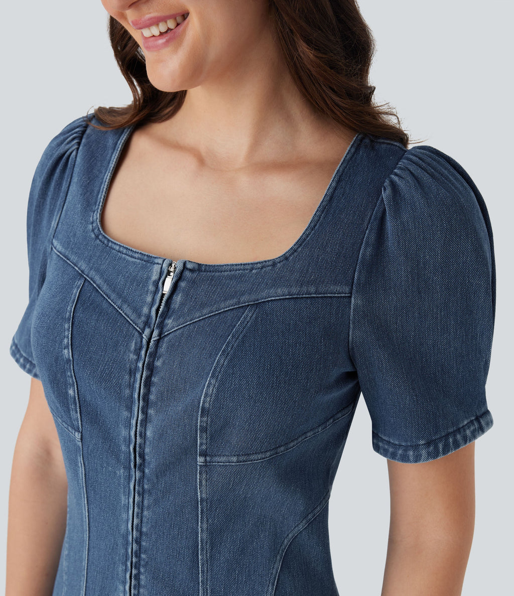 FlexTM Square Neck Short Sleeve Zipper Denim Mini Casual Dress