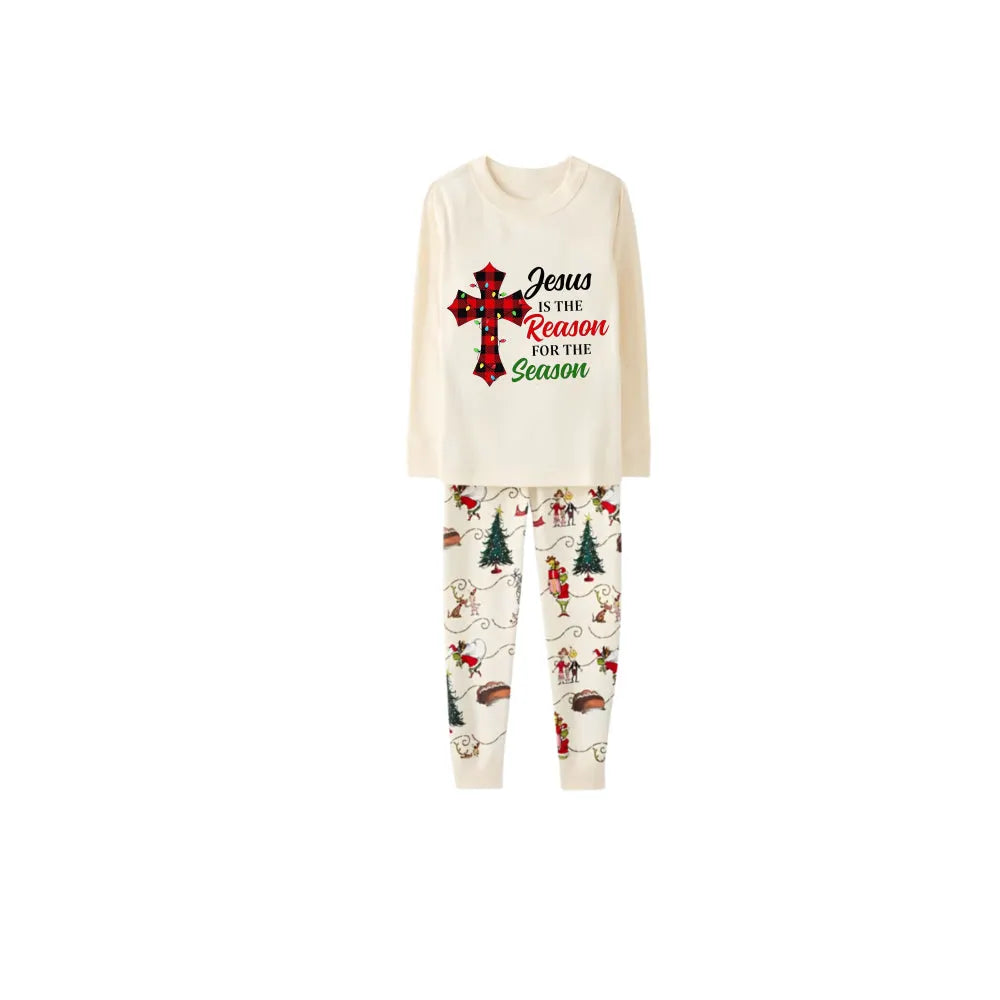 Beige Christmas Pattern Print Christmas Pajamas Set With "Jesus Is The Reason For The Season" Slogan Print